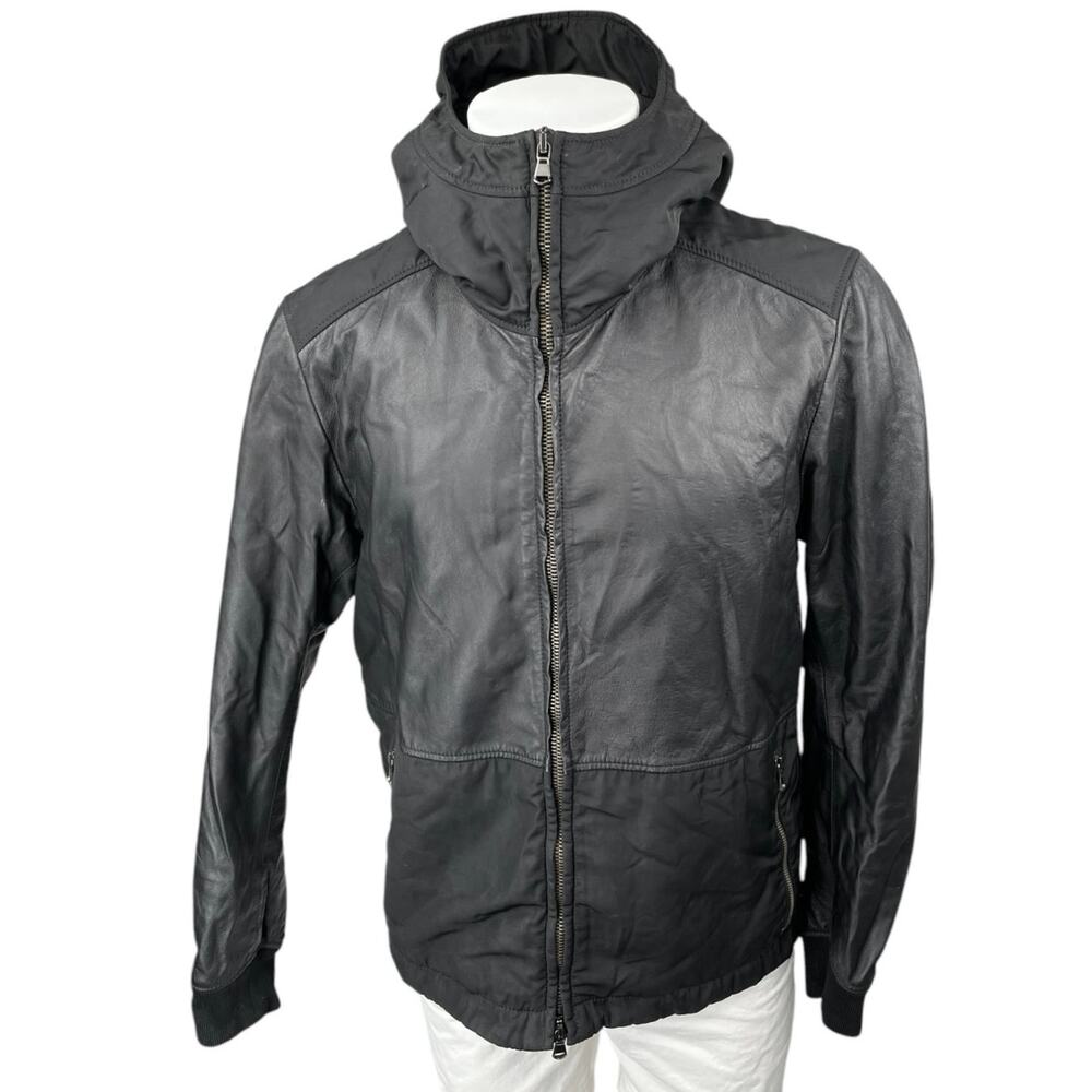 Barneys New York Black Lamb Leather Long Sleeve Full Zip Hooded Coat Jacket Sz L